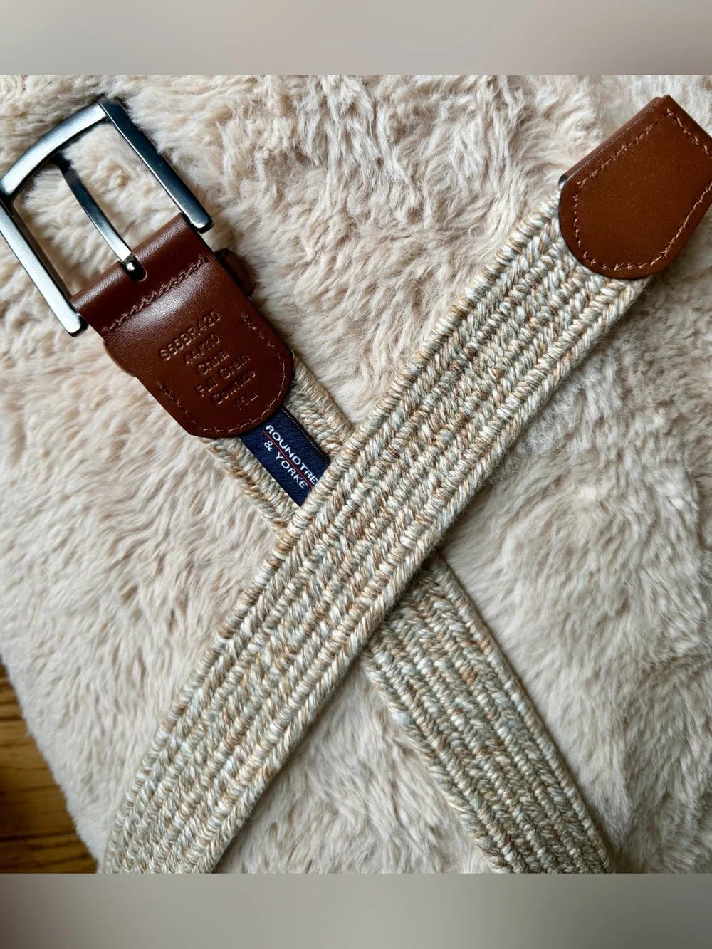 Roundtree & Yorke Men’s Woven Stretch Belt Beige Brown Leather Size 44
